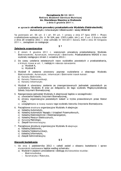 Plik:Zarządzenie Nr 33 2011 w sprawie określenia procedury przekształcania Wydziału Elektrotechniki, Automatyki, Informatyki i Elektroniki.pdf