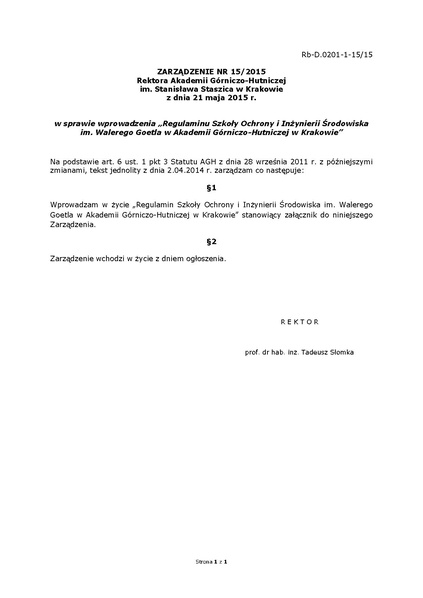Plik:Zarzadzenie nr 15 2015 Rektora AGH z dnia 21 maja 2015 r.pdf