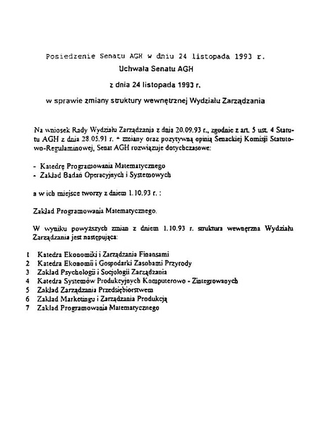 Plik:Uchwała Senatu AGH z dnia 24 listopada 1993 r. w sprawie zmiany struktury wewnętrznej Wydziału Zarządzania.pdf