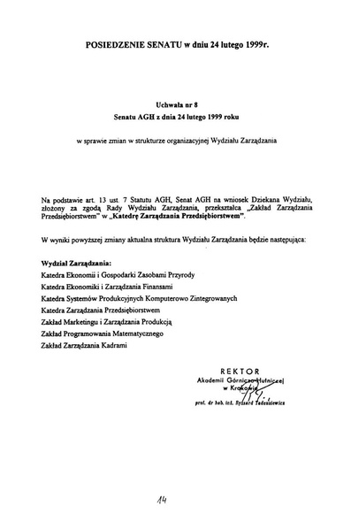 Plik:Uchwała nr 8 Senatu AGH z dnia 24 lutego 1999 r. w sprawie zmian w strukturze organizacyjnej Wydziału Zarządzania.pdf