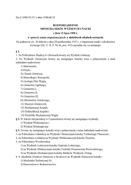 Plik:Rozporzadzenie Ministra Szkol Wyzszych i Nauki z dnia 12 lipca 1950 r - Dz.U.1950.35.317.pdf