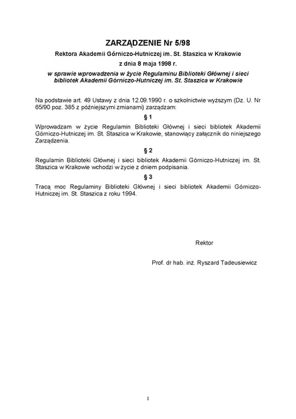 Plik:Zarządzenie nr 5 98 Rektora Akademii Górniczo-Hutniczej im. St. Staszica w Krakowie z dnia 8 maja 1998 r.pdf