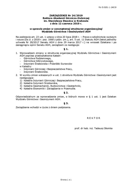 Plik:Zarządzenie Nr 24 2019 w sprawie zmian w wewnętrznej strukturze organizacyjnej Wydziału Górnictwa i Geoinżynierii AGH.pdf
