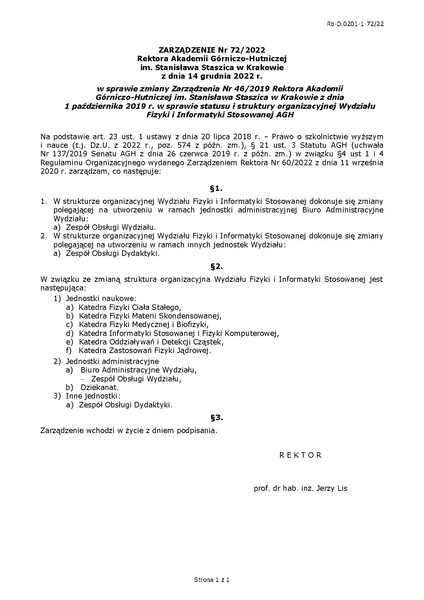 Plik:Zarzadzenie nr 72 2022 Rektora AGH z dnia 14 grudnia 2022 r.pdf