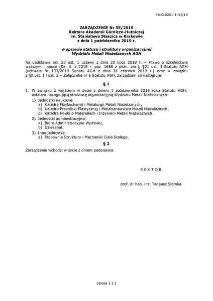 Plik:Zarządzenie Nr 55 2019 w sprawie statusu i struktury organizacyjnej Wydziału Metali Nieżelaznych AGH.pdf