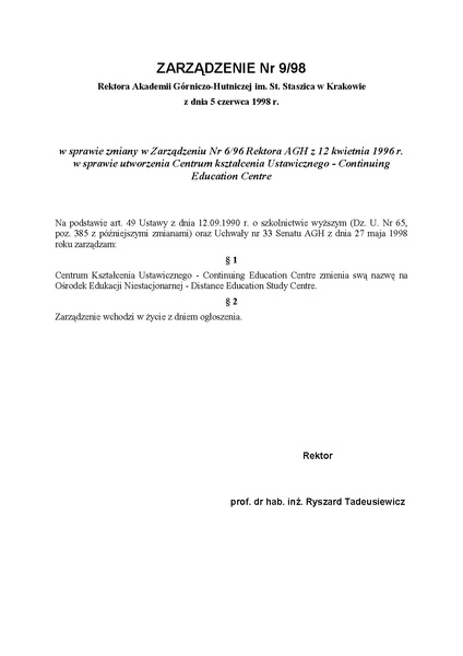 Plik:Zarządzenie nr 9 98 Rektora Akademii Górniczo-Hutniczej im. St. Staszica w Krakowie z dnia 5 czerwca 1998 r.pdf