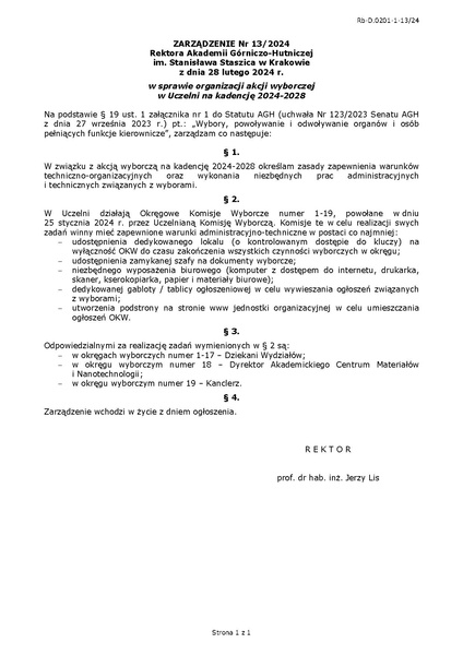 Plik:Zarzadzenie nr 13 2024 Rektora AGH w Krakowie z dnia 28 lutego 2024 r.pdf