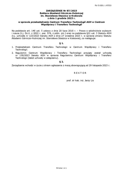 Plik:Zarzadzenie nr 87 2023 Rektora AGH w Krakowie z dnia 1 grudnia 2023 r.pdf