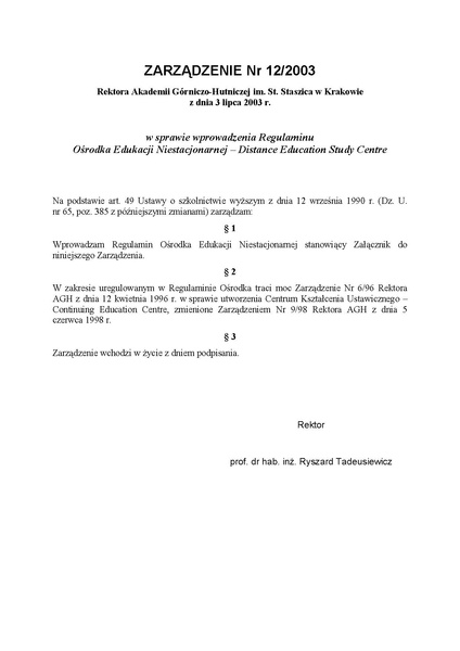 Plik:Zarządzenie nr 12 2003 Rektora Akademii Górniczo-Hutniczej im. St. Staszica w Krakowie z dnia 3 lipca 2003 r.pdf