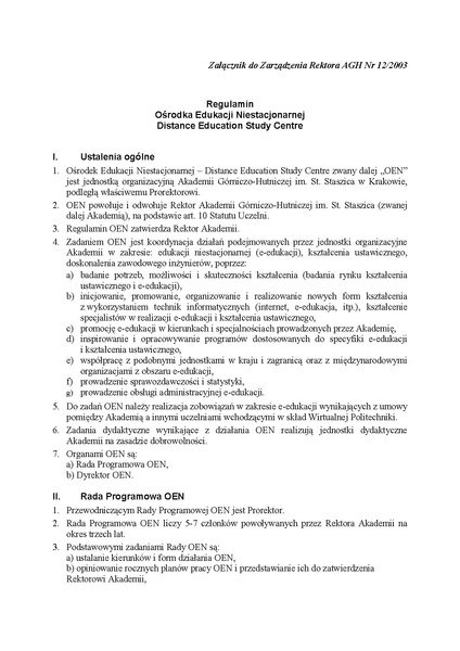 Plik:Zarządzenie nr 12 2003 Rektora Akademii Górniczo-Hutniczej im. St. Staszica w Krakowie z dnia 3 lipca 2003 r.pdf
