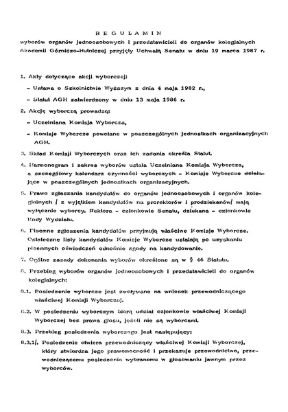 Plik:Regulamin wyborow organow jednoosobowych i przedstawicieli do organow kolegialnych AGH z dnia 19 marca 1987 r.pdf