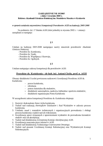 Plik:Zarzadzenie nr 19 2005 Rektora AGH z dnia 1 wrzesnia 2005 r.pdf
