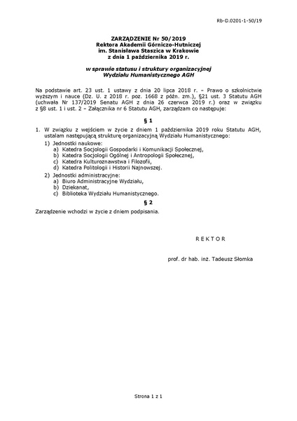Plik:Zarządzenie Nr 50 2019 w sprawie statusu i struktury organizacyjnej Wydziału Humanistycznego AGH.pdf