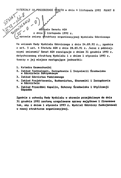 Plik:Uchwała Senatu AGH z dnia 4 listopada 1992 r. w sprawie zmiany struktury organizacyjnej WG.pdf