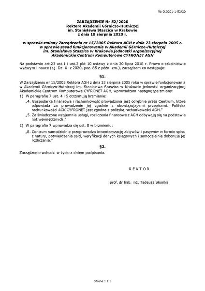 Plik:Zarządzenie Nr 52 2020 Rektora AGH w Krakowie z dnia 19 sierpnia 2020 r.pdf