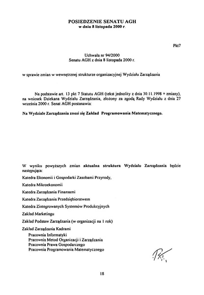 Plik:Uchwała nr 94 2000 Senatu AGH z dnia 8 listopada 2000 r. w sprawie zmian w wewnętrznej strukturze organizacyjnej Wydziału Zarządzania.pdf