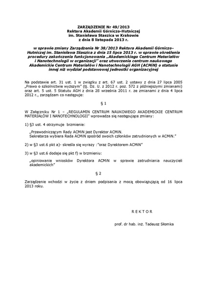 Plik:Zarządzenie nr 49 2013 Rektora Akademii Górniczo-Hutniczej im. Stanisława Staszica w Krakowie z dnia 8 listopada 2013 r.pdf