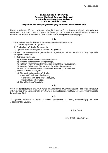 Plik:Zarzadzenie nr 105 2020 Rektora AGH z dnia 14 grudnia 2020 r.pdf