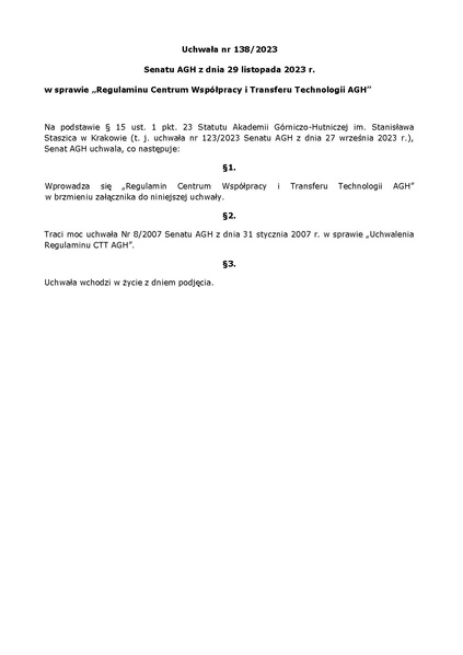 Plik:Uchwala nr 138 2023 Senatu AGH z dnia 29 listopada 2023 r. w sprawie Regulaminu CWiTT AGH.pdf