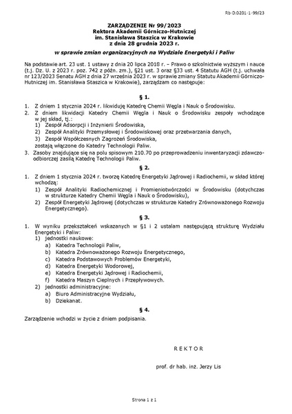 Plik:Zarzadzenie nr 99 2023 Rektora AGH w Krakowie z dnia 28 grudnia 2023 r.pdf