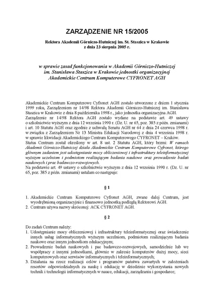 Plik:Zarządzenie nr 15 2005 Rektora Akademii Górniczo-Hutniczej im. St. Staszica w Krakowie z dnia 23 sierpnia 2005 r.pdf