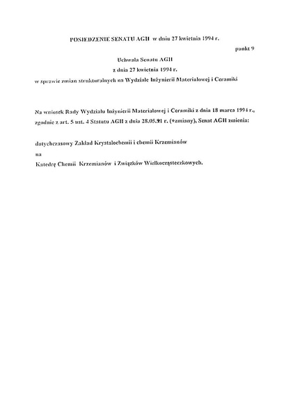 Plik:Uchwała Senatu AGH z dnia 27 kwietnia 1994 r. w sprawie zmian strukturalnych na Wydziale Inżynierii Materiałowej i Ceramiki.pdf