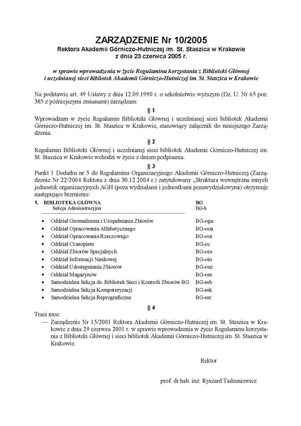 Plik:Zarządzenie nr 10 2005 Rektora Akademii Górniczo-Hutniczej im. St. Staszica w Krakowie z dnia 23 czerwca 2005 r.pdf