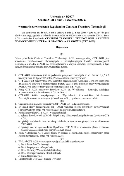 Plik:Uchwala nr 8 2007 Senatu AGH z dnia 31 stycznia 2007 r w sprawie zatwierdzenia Regulaminu Centrum Transferu Technologii.pdf