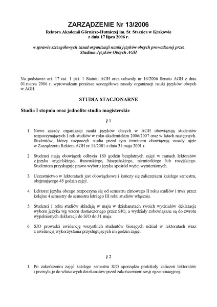 Plik:Zarządzenie nr 13 2006 Rektora Akademii Górniczo-Hutniczej im. St. Staszica w Krakowie z dnia 17 lipca 2006 r.pdf