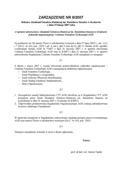 Plik:Zarzadzenie nr 9 2007 Rektora AGH w Krakowie z dnia 19 lutego 2007 roku.pdf