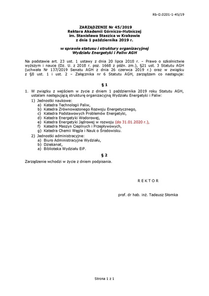 Plik:Zarządzenie Nr 45 2019 w sprawie statusu i struktury organizacyjnej Wydziału Energetyki i Paliw AGH.pdf