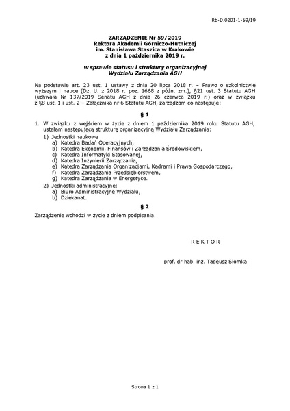 Plik:Zarządzenie Nr 59 2019 w sprawie statusu i struktury organizacyjnej Wydziału Zarządzania AGH.pdf