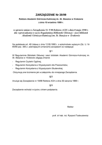 Plik:Zarządzenie nr 20 99 Rektora Akademii Górniczo-Hutniczej im. St. Staszica w Krakowie z dnia 10 września 1999 r.pdf